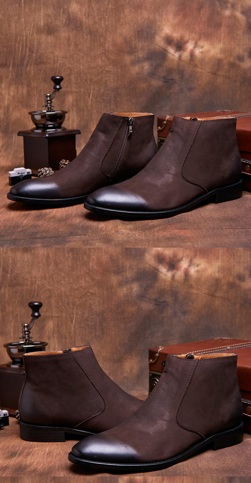 figobosh菲戈波仕 2015秋冬季磨砂皮拉链短筒男鞋平跟圆头工作靴 棕色