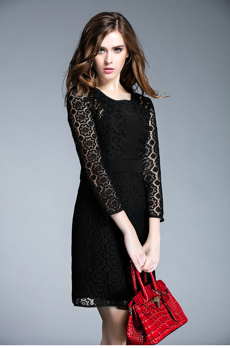 哈密欧洲站2016早春新款女装欧美走秀大牌时尚水溶蕾丝勾花修身连衣裙