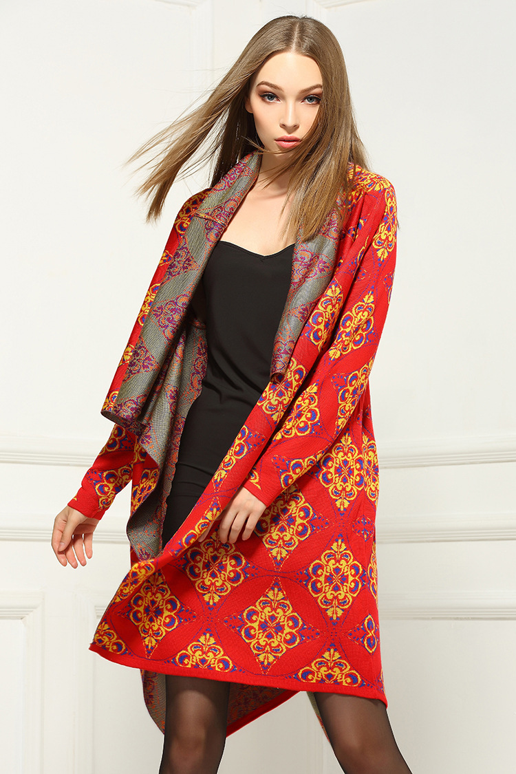 牵秀服装店*欧洲站2015秋冬新品绣花编织开衫外套百搭毛衣长袖加长款