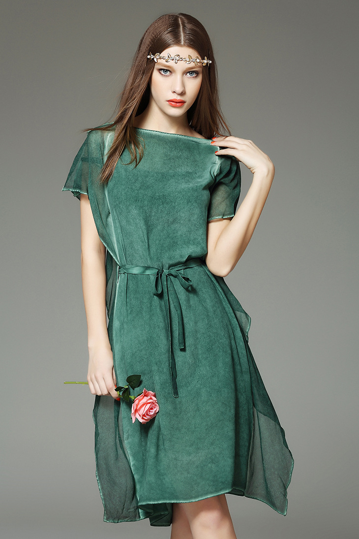 蓝雨蝶依*2016春装新款 欧洲站纯色腰带修身炒色高档双绉真丝连衣裙女