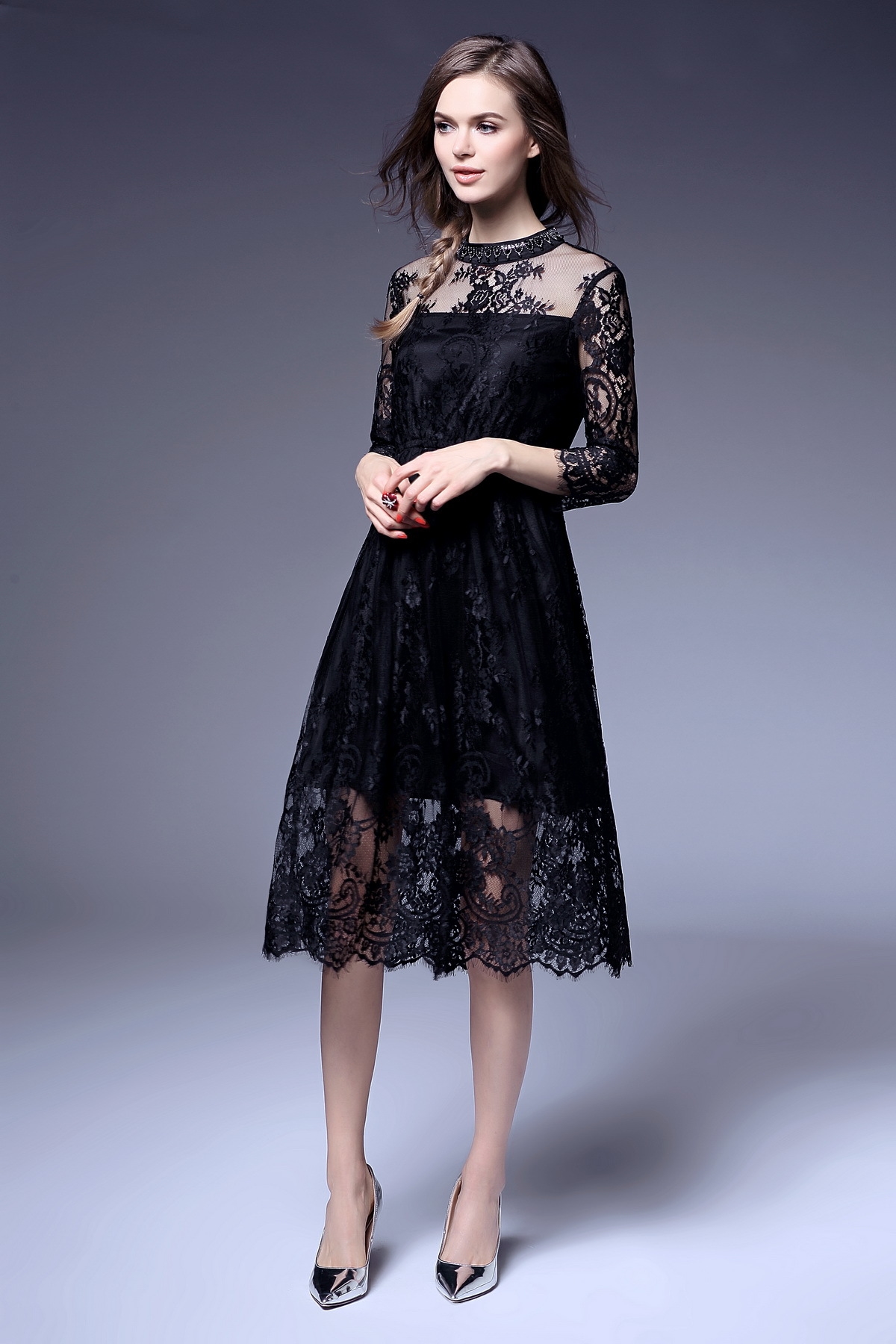 立领钉珠七分袖蕾丝连衣裙60061 黑色 xl【图片 价格 品牌 报价】