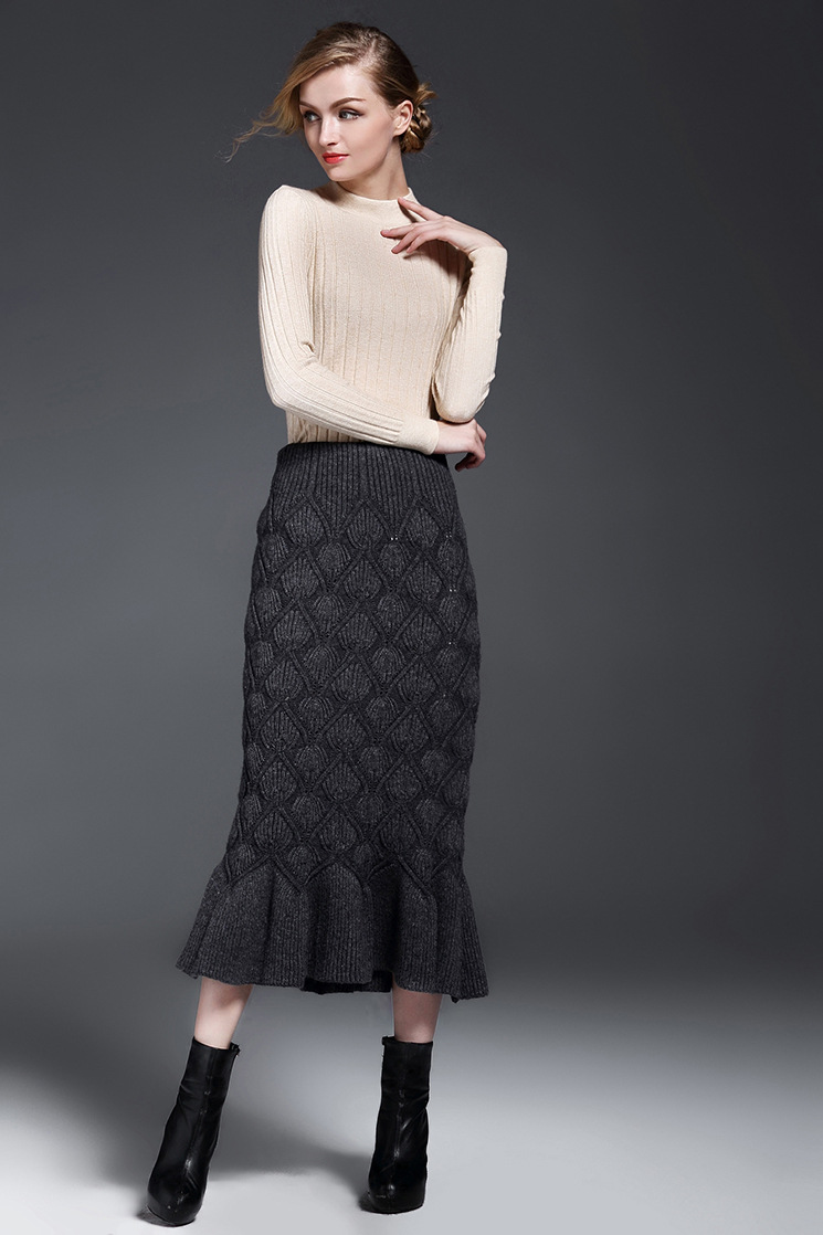 蓝雨蝶依*毛线针织鱼尾裙包臀长裙2015秋冬新款女装 wn51008 灰色