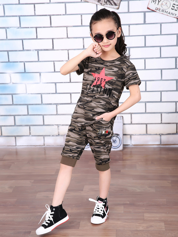 凯凡 迷彩套装儿童装军装套服休闲服小孩女童棉弹力309 607 迷彩色