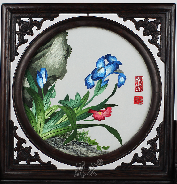 苏宏苏绣双面绣摆件 江南特色工艺品 全手工刺绣紫光檀木五福门架