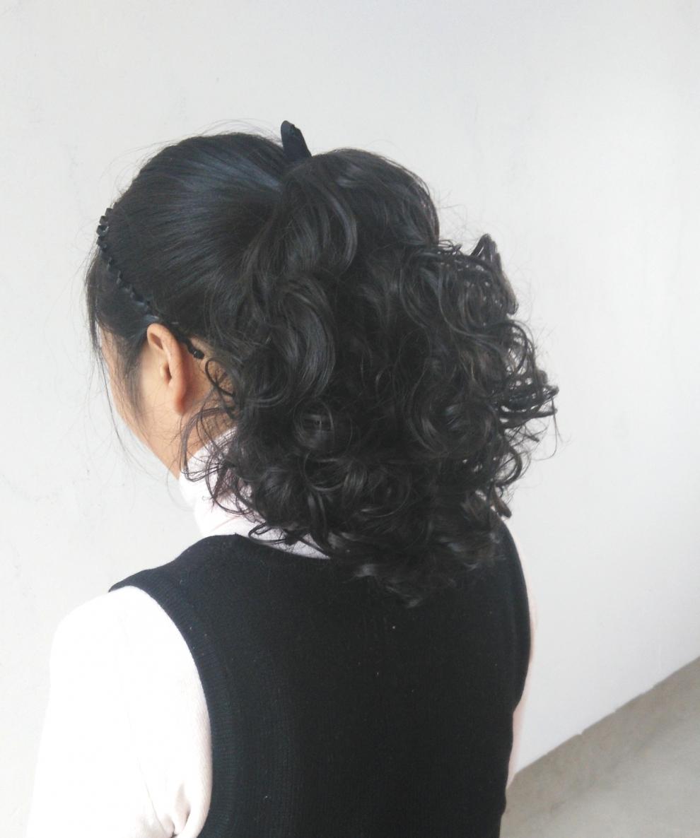 假马尾自然卷 烫发式假发马尾 短款卷马尾 绑带式卷马尾 接发片 爪夹