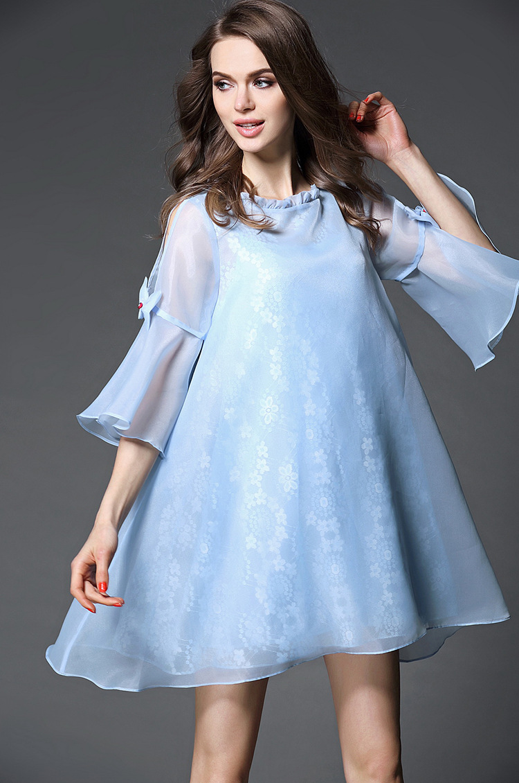 网软服饰欧美女装新款欧根纱蕾丝喇叭袖蝴蝶结a字公主连衣裙 浅蓝色