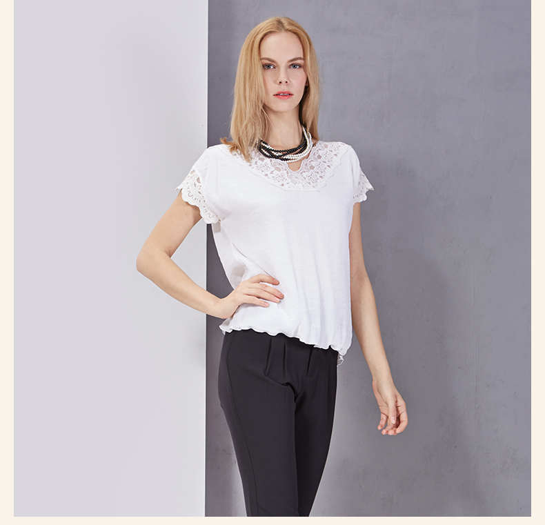 依瑶女装专柜正品春夏装 v领蕾丝短袖宽松版型纯色t恤6661a 01米白色