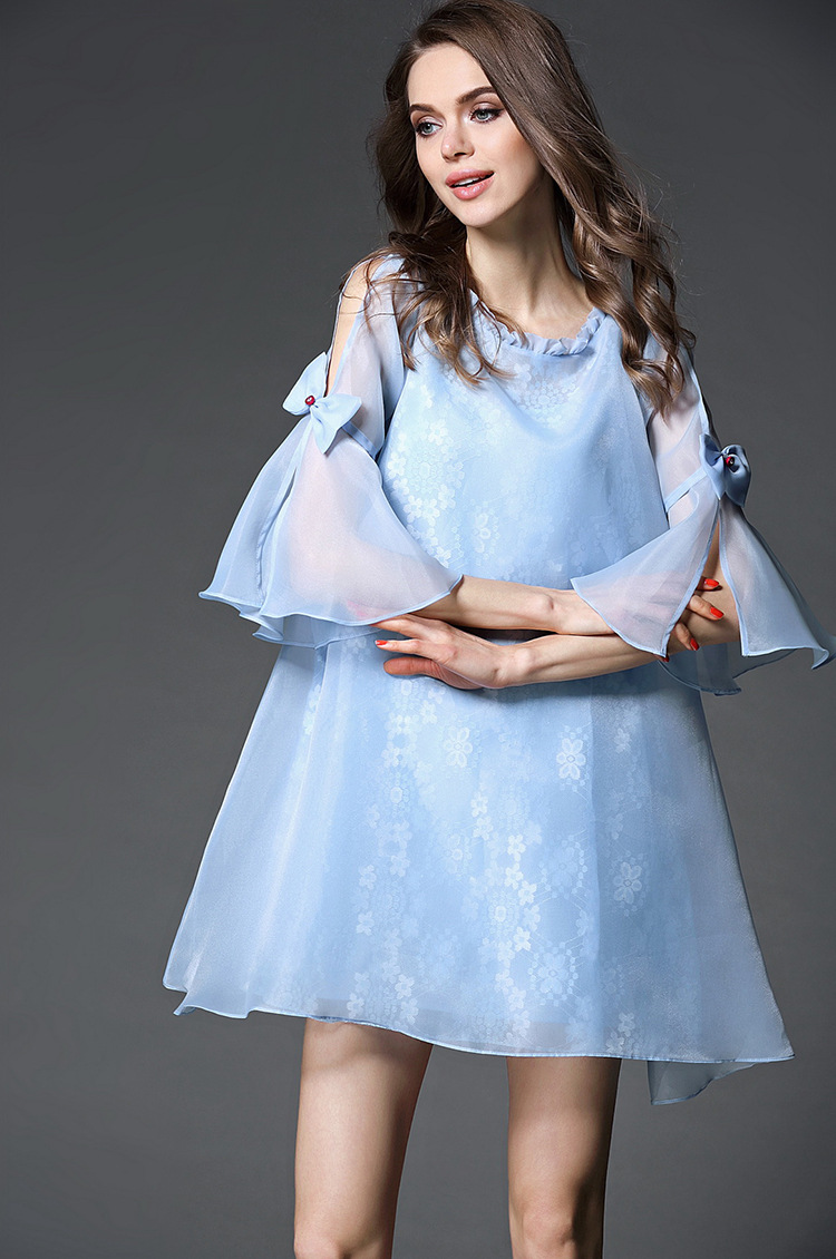 春夏季新款欧根纱蕾丝喇叭袖蝴蝶结a字公主连衣裙wm03 浅蓝色 s