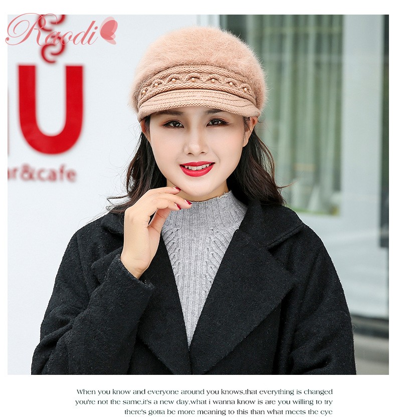 娆蝶 毛线帽子女士秋冬季新款韩版兔毛棒球帽女带帽檐针织帽时尚保暖