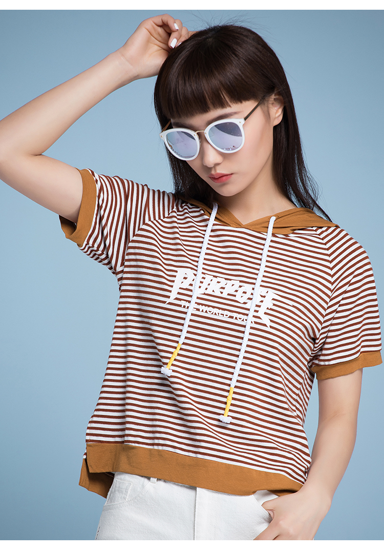 梦舒雅套头连帽t恤女2019新款条纹上衣 黑条纹 xl