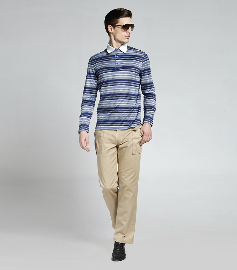 ports宝姿男装夏季新款休闲时尚条纹全棉长袖t恤mknqcc black combo