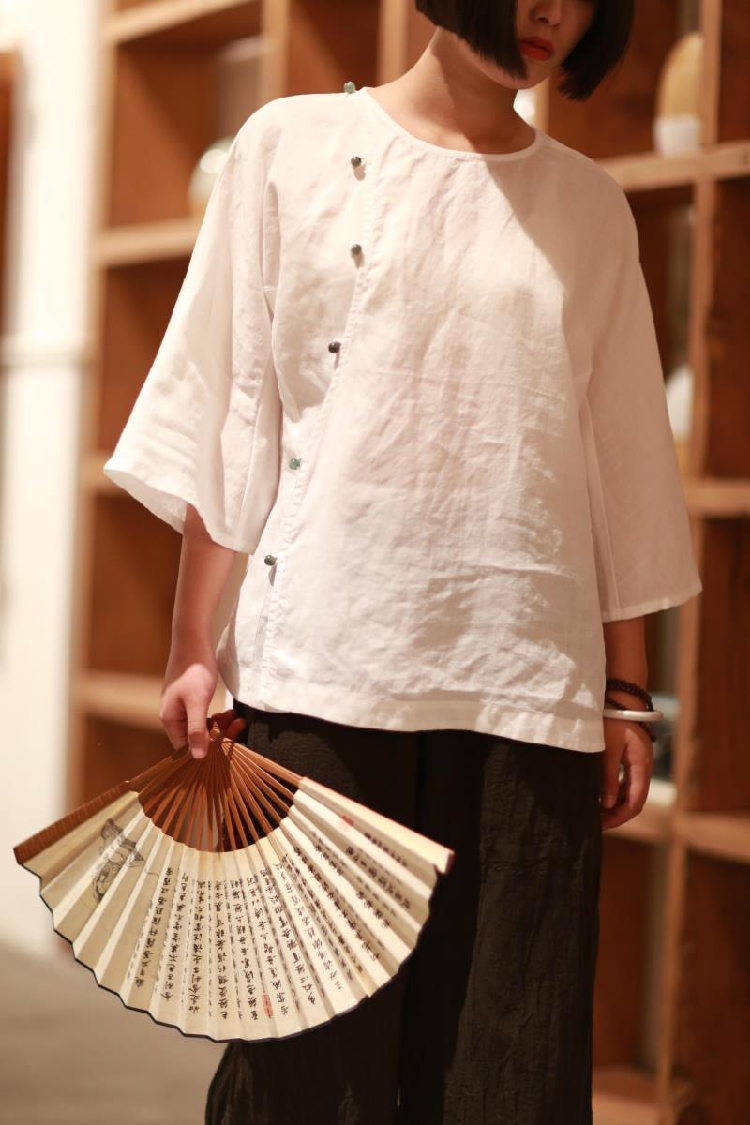 言午葵 棉麻原创设计 静竹气质 翡翠珠盘扣中式衬衫