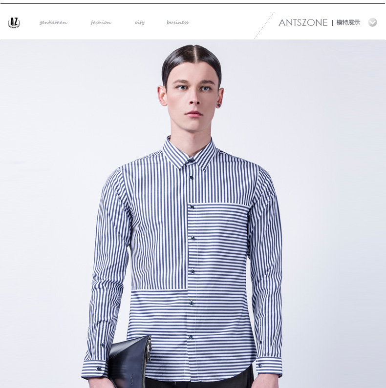 az蚁族男装衬衫2015春秋新款纯棉条纹长袖衬衣时尚拼接衬衫条纹潮