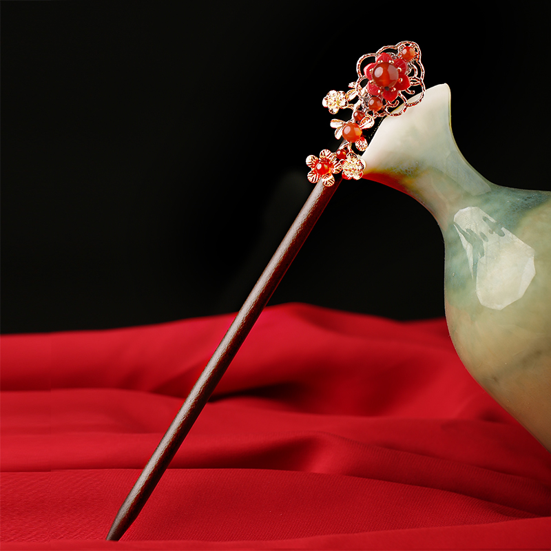 烟雨江南新娘发饰古典长发簪头饰复古中国风红色玛瑙木簪子 簪长18厘