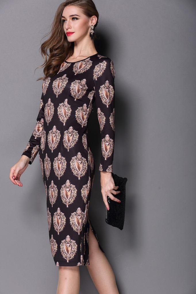 genyard欧洲站2015春装新款d家印花模特走秀款长袖修身连衣裙 黑色 m