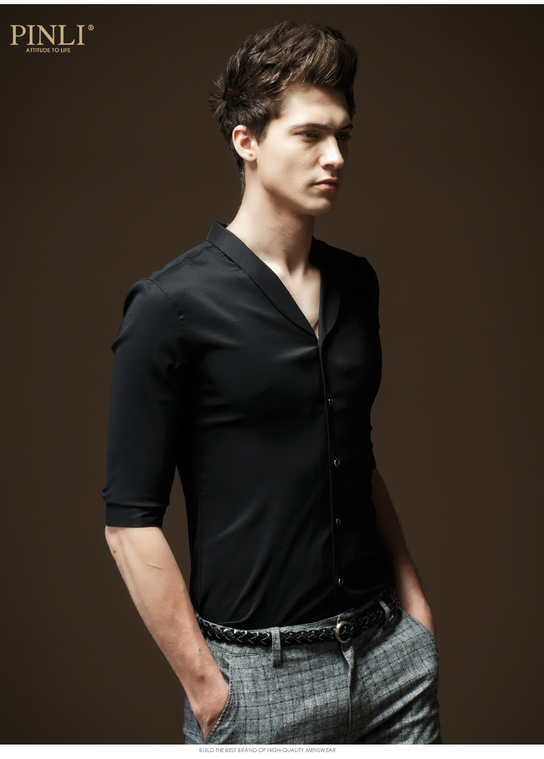 pinli品立2015夏季新品男装 青果领中袖衬衫男五分袖衬衣潮 8896 蓝色