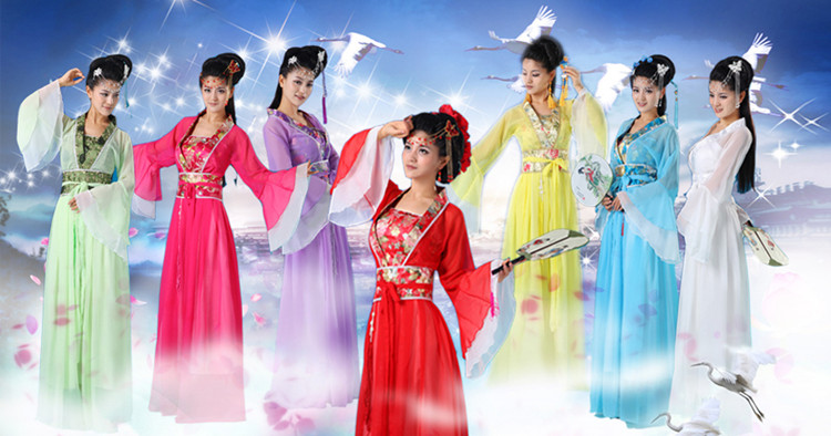 蔻梅古装服装 仙女 七仙女 仙女服 古筝表演 雪纺裙 玫红色旗袍面料 x