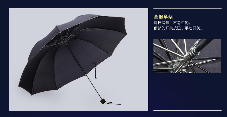 
                                        
                                        天堂 强力拒水一甩干加大加固三折商务伞3311E藏青色                