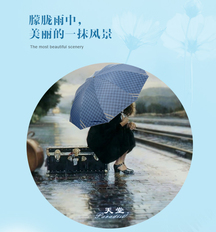 
                                        
                                                            天堂伞 英伦风格黑胶加大61cm*10骨三折晴雨伞32248E兰灰色                