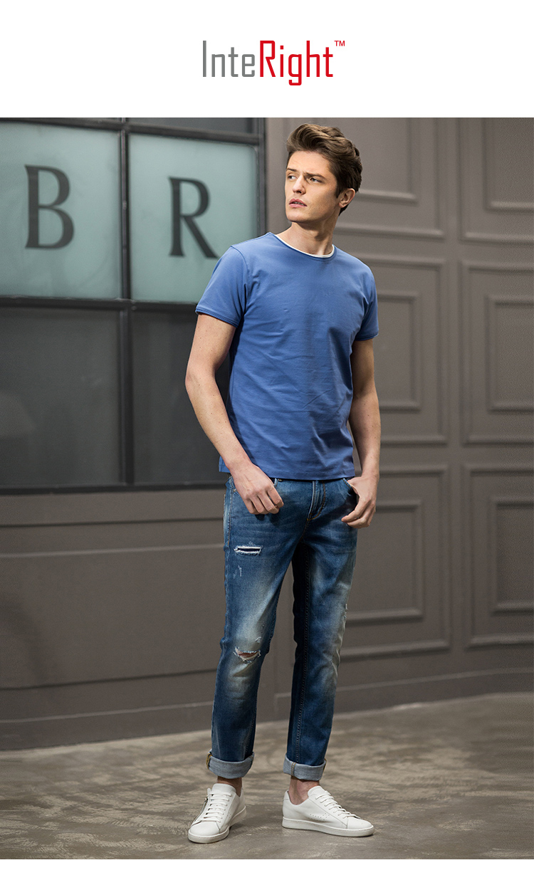 InteRight 棉氨圆领 修身个性卷边 男式短袖T恤 ￥39秒杀 5色可选