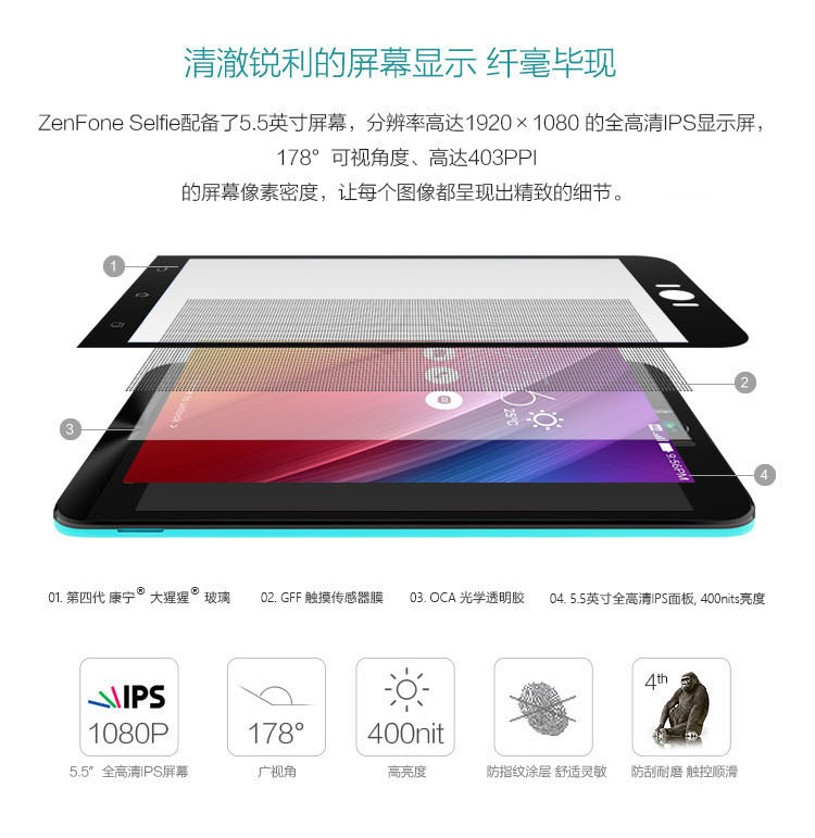 华硕（ASUS）ZenFone Selfie 湖蓝 16GB 移动联通4G手机 双卡双待