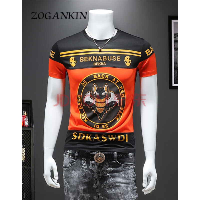 zogankin 欧货潮牌小蝙蝠图案男士镶钻韩版修身短袖2020新款烫钻t恤男