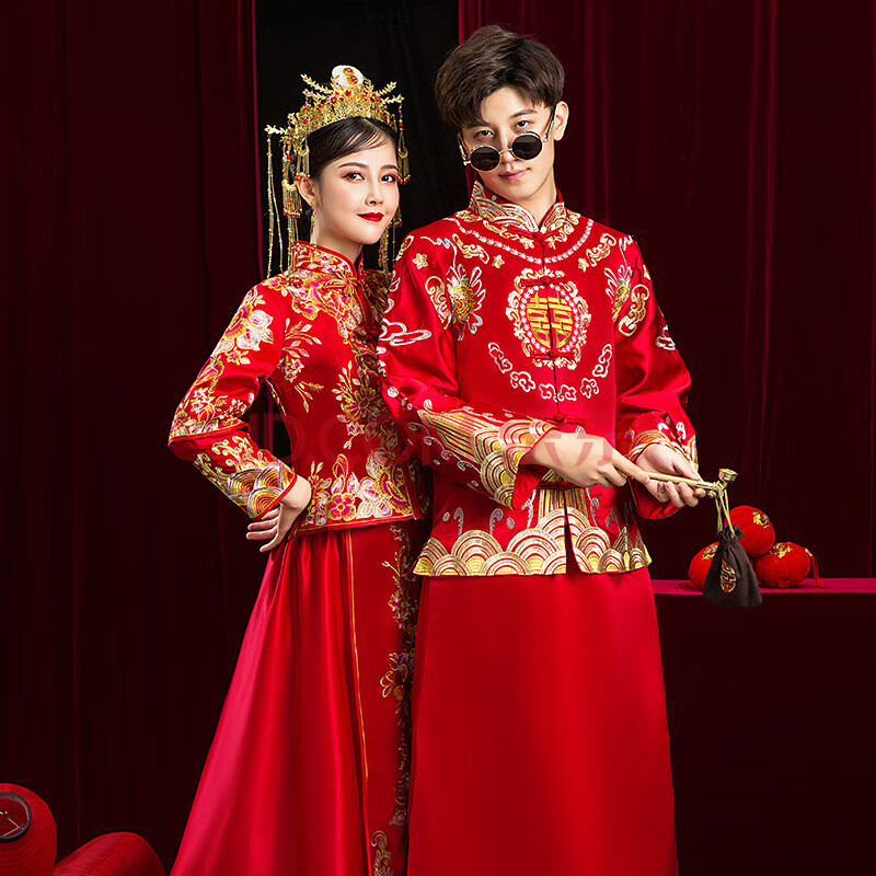 红色汉服新娘婚纱男女情侣新郎服国风礼服秀禾服新娘2020新款中式婚纱