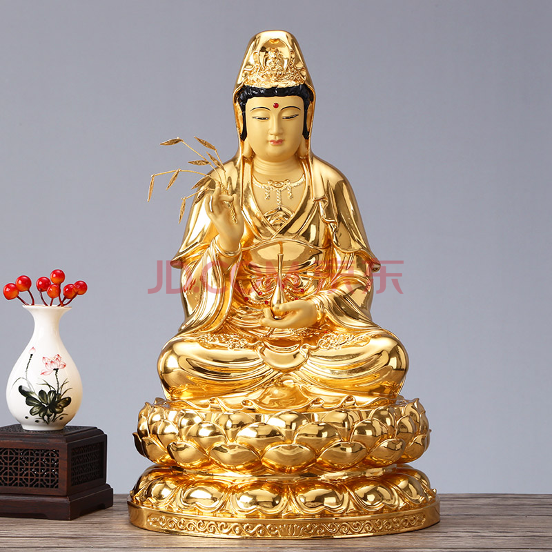 盛凡 石雕彩绘观音菩萨佛像摆件家用供奉汉白玉观世音佛像坐像娑婆