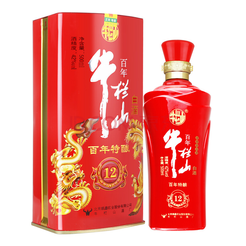 牛栏山百年特酿12龙凤呈祥百年红铁盒浓香型白酒42度500ml6瓶整箱装