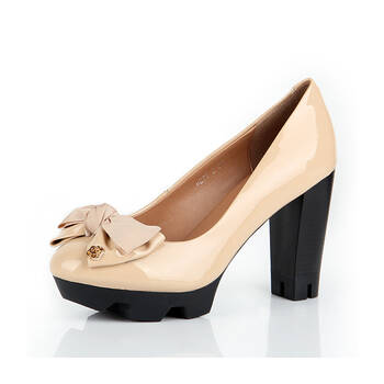 尚迪莎春季新品韩版蝴蝶结真皮粗跟防水台高跟鞋漆皮单鞋牛皮女鞋 k