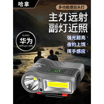 哈拿夜钓头灯钓鱼专用感应帽夹灯强光充电超亮大容量头戴式夹帽上饵灯 HN-T51灰色 感应帽夹灯 (夹帽版)