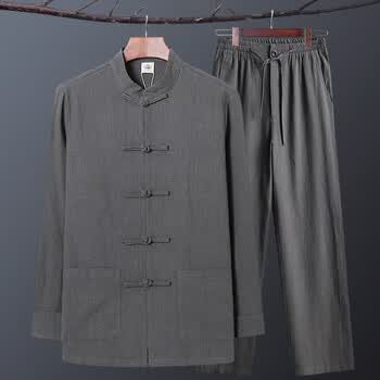 吻痕春秋中老年人棉麻唐装男士长袖外套中国风亚麻爷爷套装老人爸爸装