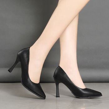 软皮软底尖头细跟高跟鞋女职业上班百搭单鞋黑色礼仪皮鞋 黑色【跟高9