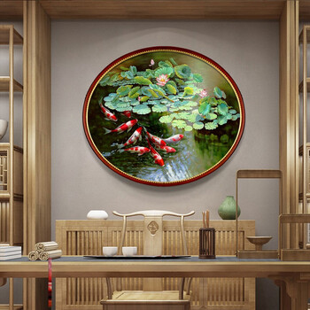 爱伦油画廊新中式椭圆形荷花九鱼图入户玄关手绘油画走廊荷塘年年有余