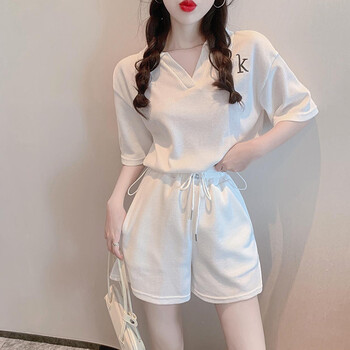 休闲运动服短袖短裤套装女夏季气质显瘦薄款上衣两件套女 k592白色