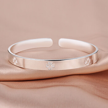 lzjv老凤祥款式四叶草银手镯女999开口实心简约年轻银饰送女友镯子