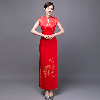 旗袍礼仪小姐服长款模特走秀表演棋琪期袍青花瓷复古礼服红色酒店演出