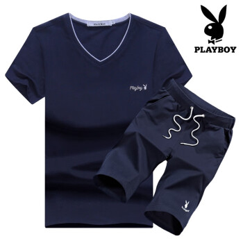 花花公子（PLAYBOY） 短袖 男士T恤 蓝色上衣+深蓝五分裤 
