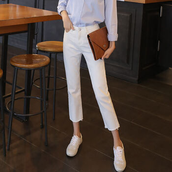 宝乔旭七八九分小个子白色弹力直筒牛仔裤女高腰显瘦春夏秋季新款 七