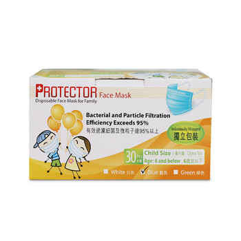 Protector三层一次性小童口罩 (12*7cm) 6岁以下适用 30片独立包装 防尘颗粒物蓝色 轻薄透气 舒适扁耳带