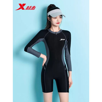 特步（XTEP）泳衣女连体泡温泉2023新款长袖大码保守冲浪专业竞速训练游泳衣装 黑灰色 2XL码(建议115-130斤)