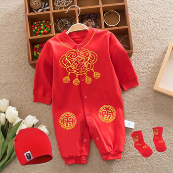 新生婴儿宝宝唐装满月百天礼服生日长袖衣服秋季百日宴喜庆连体衣