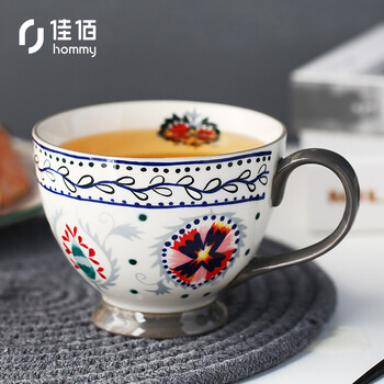 佳佰 美式定制陶瓷杯 彩绘马克杯早餐杯手绘高脚杯咖啡杯办公室水杯陶瓷杯子