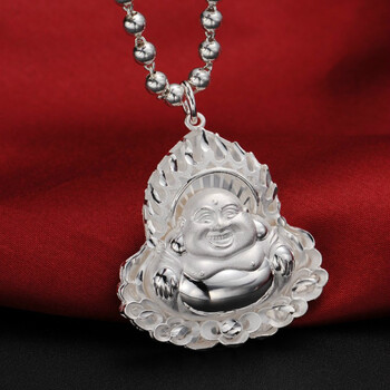 s999足银笑佛吊坠女款弥勒佛挂坠佛头项坠手工银饰吊牌配绳子情人节