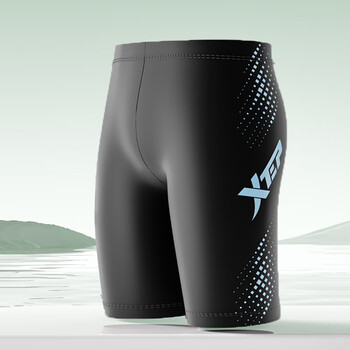 特步泳裤男平角男士五分游泳裤男款专业速干泳衣防尴尬泳装备 黑蓝条纹字 XL（建议体重130-150斤）