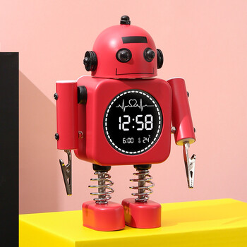 机器人个性懒人电子可爱客厅创意金属学生小闹钟 升级版机器人红色