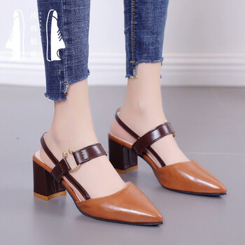 凉皮鞋女34-42码浅口凉鞋女夏粗跟尖头中跟一字扣工作鞋41特大码42