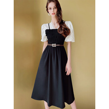 粉红大布娃娃黑色丝绒连衣裙女夏季新款休闲气质时尚修身裙子黑色s