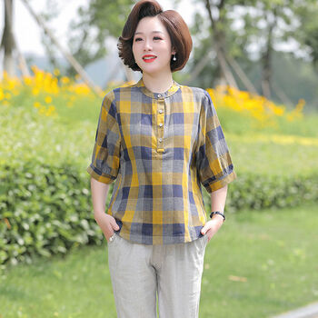 中老年女装夏妈妈夏装棉麻套装中老年女装短袖t恤中年夏季上衣两件套