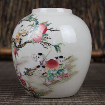 4,庚万古玩仿古瓷器景德镇陶瓷客厅装饰摆件工艺品彩釉九子攀桃